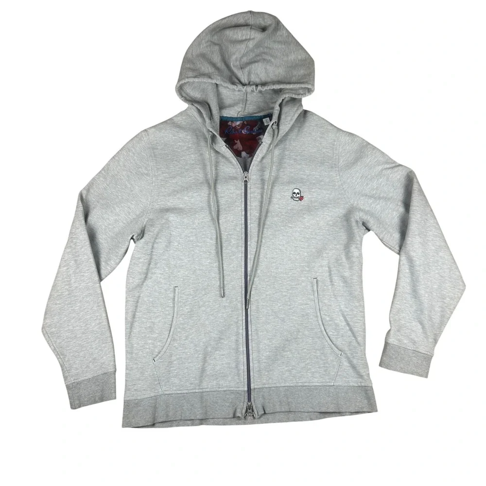 Robert Graham Mens Gray Skull Rose Embroidered Full Zip‎ Hoodie Classic Fit L